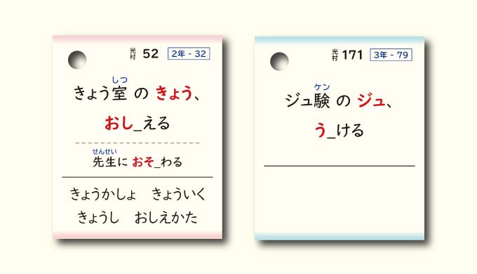 ミチムラ式漢字カードの裏面には漢字の読み方が載っている(道村さん提供)